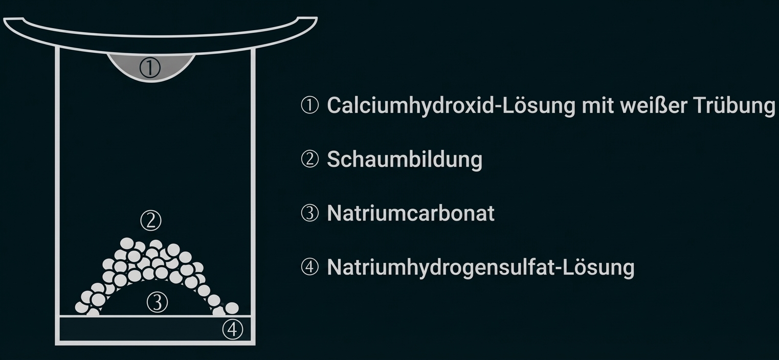 Skizze eines Reagenzglases mit Schaum und Beschriftungen: Calciumhydroxid-Lösung, Schaumbildung, Natriumcarbonat, Natriumhydrogensulfat-Lösung